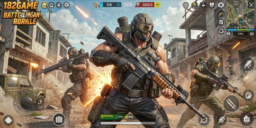 Tampilan mendebarkan dari gameplay 182GAME dalam pertempuran Battle Royale.