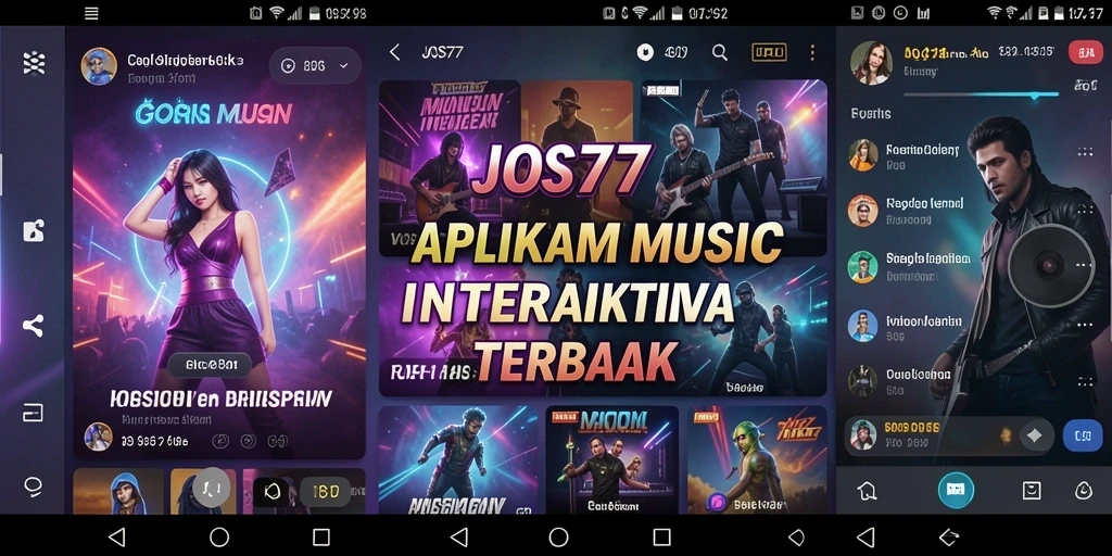 Tampilan utama JOS77 menampilkan berbagai lagu dan daftar putar.