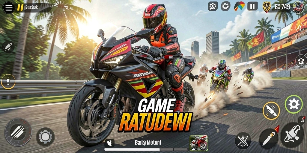 Screenshot gameplay menampilkan aksi balapan motor yang mendebarkan.
