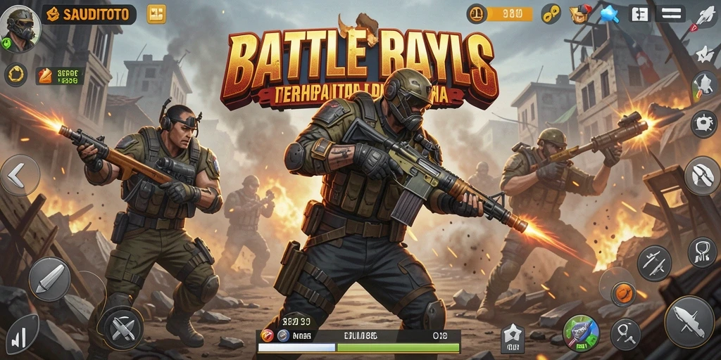 Screenshot SAUDITOTO menampilkan pemain bertarung dalam pertempuran Battle Royale yang intens.
