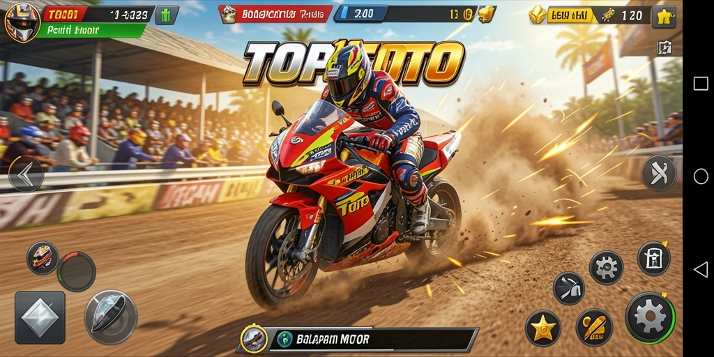 Gameplay TOP1TOTO dengan balapan motor yang seru dan penuh aksi.